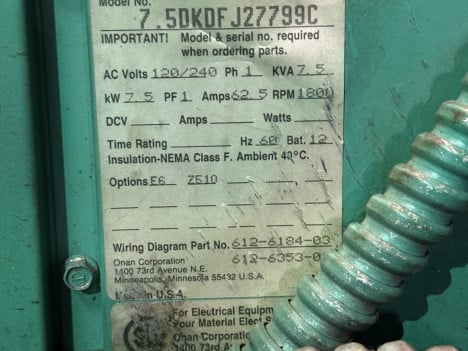  CUMMINS ONAN 7.5 DKD Generator Set #2750